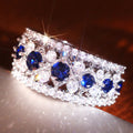 White Gold Blue Sapphire Round Pavé Crystal Band Ring 6-10 view 2
