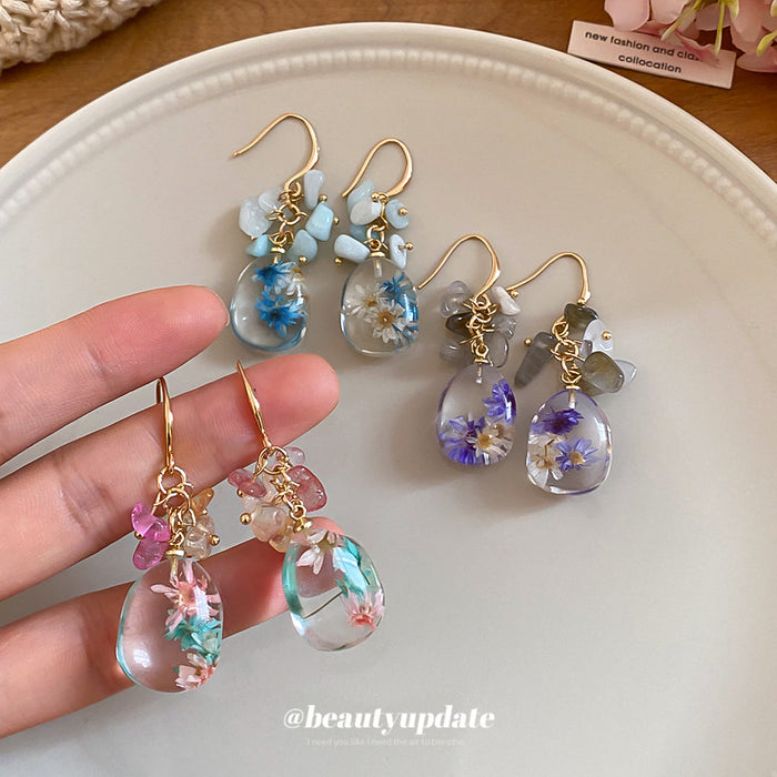 Pressed Flower Resin Hook Earrings in Three Colors