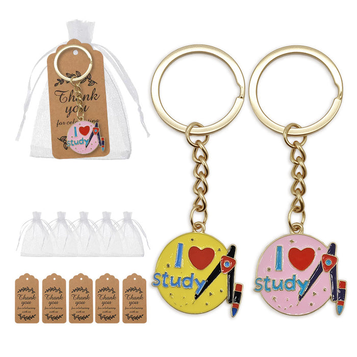 I Love Study Enamel Key Ring Pink Or Yellow Disc Metal Charm