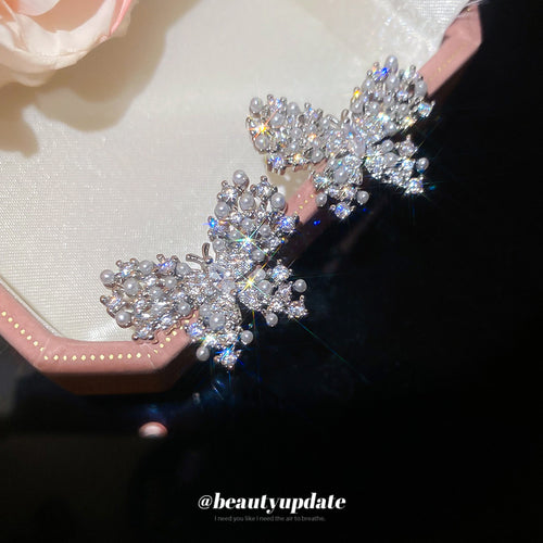 Styled view of silver tone crystal butterfly stud earrings with layered wings