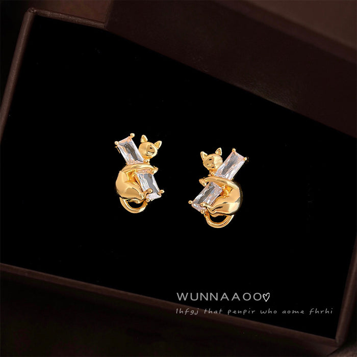 Gold Cat Hugging Clear Baguette Crystal Stud Earrings