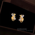 Gold Cat Hugging Clear Baguette Crystal Stud Earrings view 1