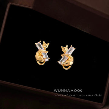 Gold Cat Stud Earrings Hugging Clear Rectangular Stones