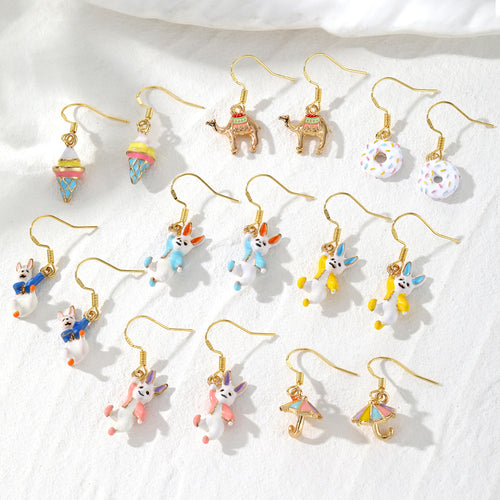 Assorted gold enamel rabbit ice cream camel umbrella donut earrings
