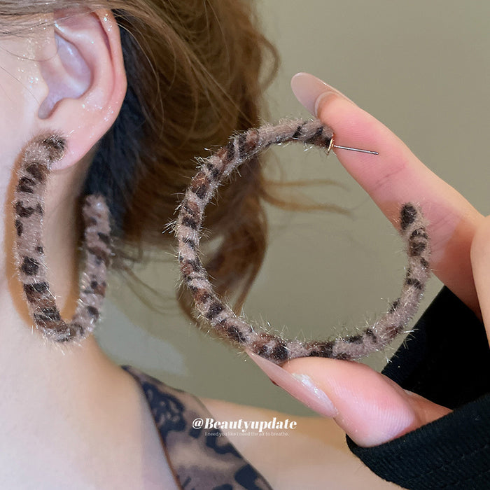 Leopard Fuzzy Oversized Hoop Geometric Statement Earrings