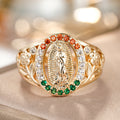 Religious Figure Multicolor Stone Signet Ring In Polished Gold Tone view 3