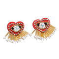 Red Heart Beaded Rhinestone Fringe Stud Earrings With Gold Tassels view 5