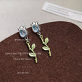 Silver Tulip Stud Green Stem Leaf Drop Earrings Pair view 3