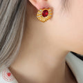 Ribbed Fan Stud Earrings Red Glass Stone Gold Steel view 3