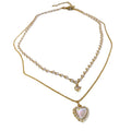 Gold Double Layer Pearl Necklace Heart Pendant Clear Accent view 5
