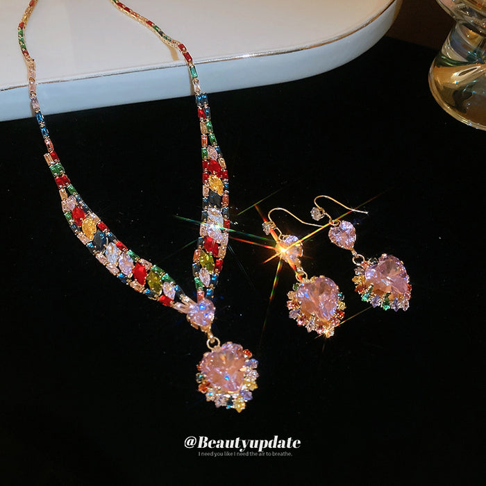 Gold Tone Multicolor Crystal Necklace And Pink Round Flower Earrings