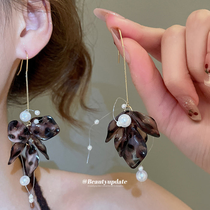 Brown Petal Pearl Chain Drop Hook Earrings Jewelry Accessory