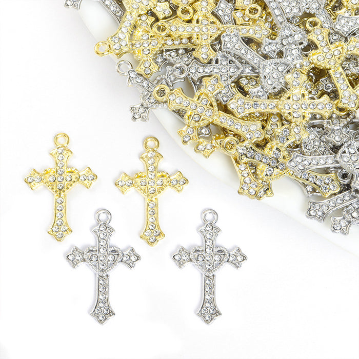 Crystal-Accented Gold Silver Cross Alloy Pendant Components in 2 Styles