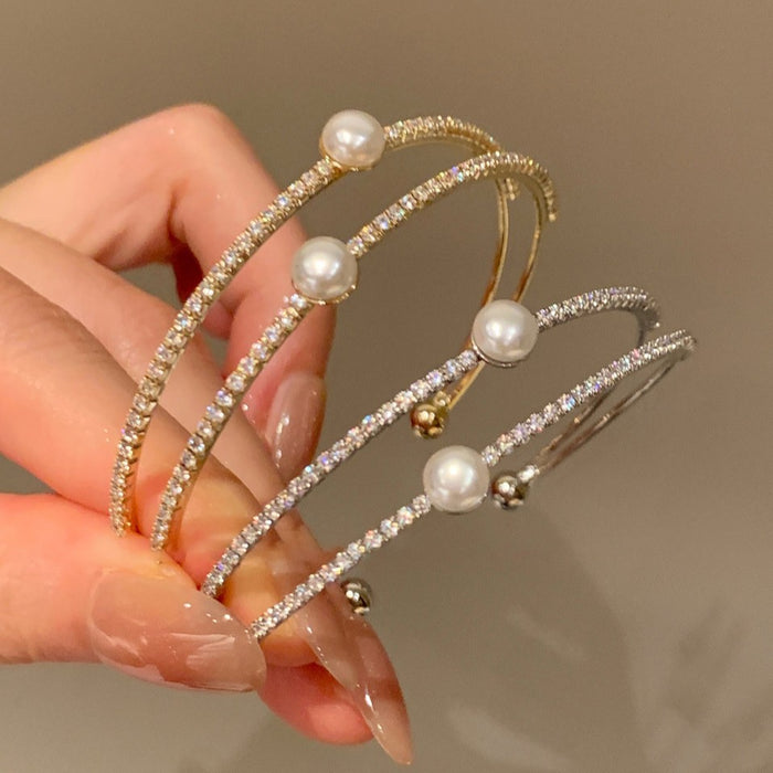 Silver Double Row Open Pearl Rhinestone Cuff Bangle