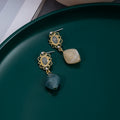 Gold Filigree Stud Earrings Asymmetric Teal Cream Diamond Drops view 3