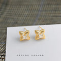 Gold Textured Four-Point Star Stud Earrings Clear Centers view 3