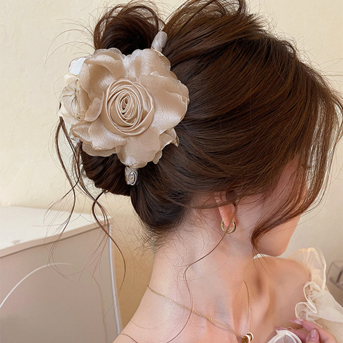 Champagne Satin Fabric Rose Flower Claw Hair Clip Piece