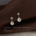 Gold Tone Clear Stone Snowflake And Irregular White Pearl Earrings view 3