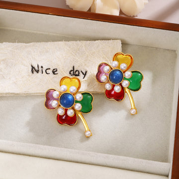 Multicolor Four Petal Flower Gold Tone Stud Earrings