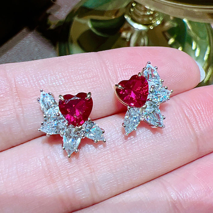 Red Heart Clear Marquise Cluster Stud Earrings Silver