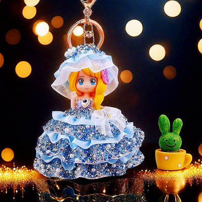Main image 1 shows a supplied presentation of pearl crystal gown doll keychains with visible attached key hardware.