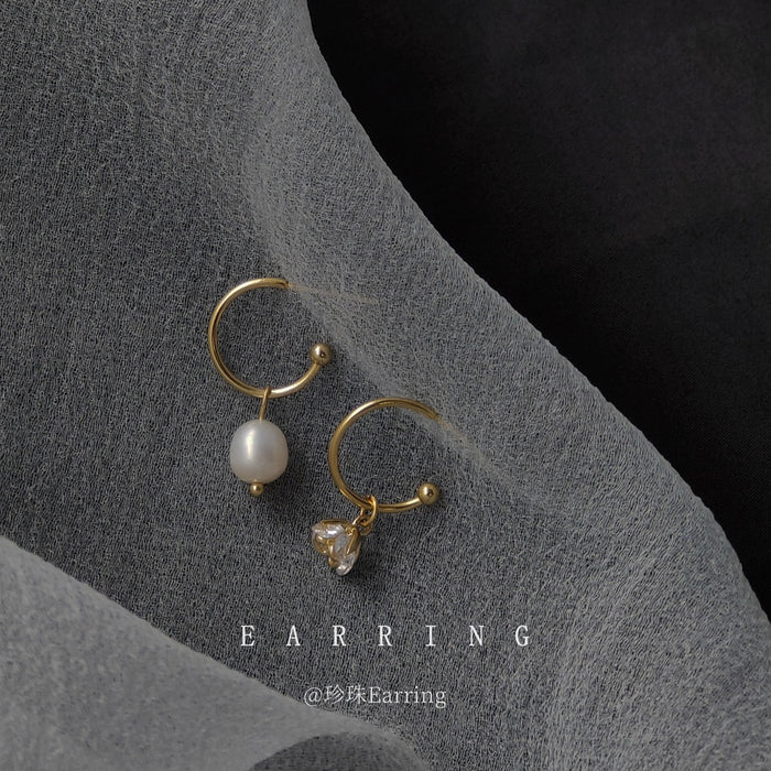 Gold Tone White Pearl And Rose Flower Asymmetric Hook Earrings