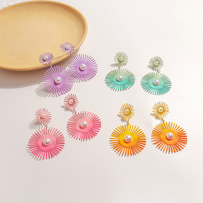 Four Color Double Sunburst Pearl Look Dangle Earrings
