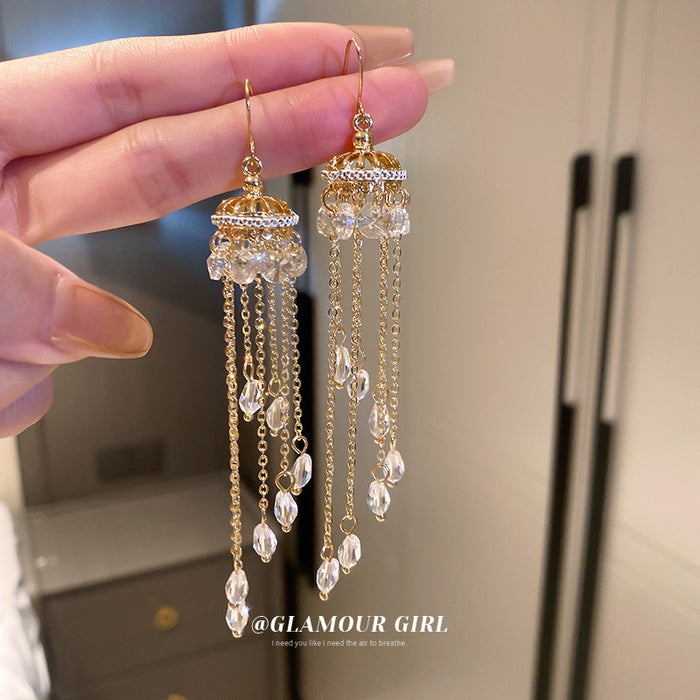 Gold Crystal Dome Chain Tassel Hook Earrings Polished Metal Jewelry