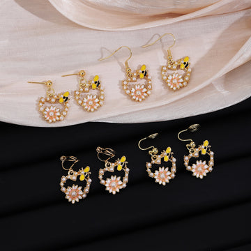 Petite Bee Flower Pearl Look Clip Stud and Hook Earrings
