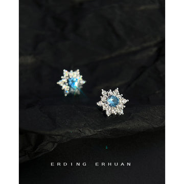 Silver Tone Blue Round Stone And Clear Snowflake Stud Earrings
