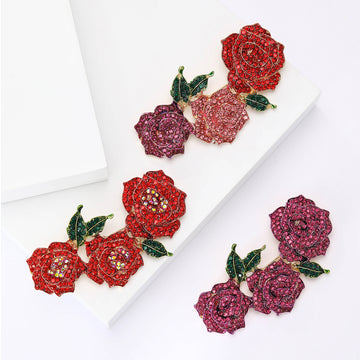 Three Rose Crystal Bar Brooch in Pink Red or Purple