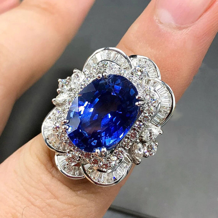 Silver Tone Oval Blue Floral Halo Cocktail Ring Sizes 6-10