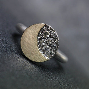 Two Tone Brushed Gold Crystal Half Moon Finger Ring