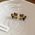 Black Cat Stud Earrings with Amber Crystal Details view 1
