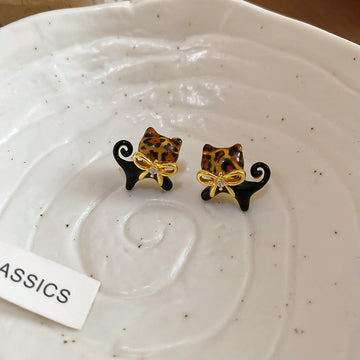 Black Cat Stud Earrings with Amber Crystal Details