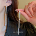 Silver Tone Triple Crystal Chain Fringe Earrings with Polished Metal Accents view 2