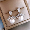 Silver Tone Crystal Leaf and Pearl Look Drop Earrings view 2
