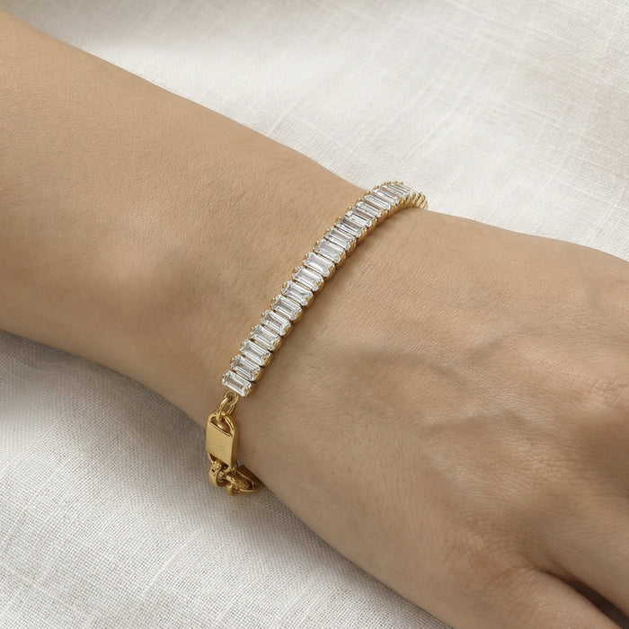 Crystal Baguette and Plate Link Bracelets in Gold and Silver Tone