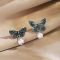 Asymmetric Engraved Butterfly Pearl Drop Stud Earrings view 3