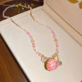 Pink Beaded Chain Necklace With a Preserved Rose Pendant view 6