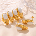 Gold Wavy Frame Oval White Natural Stone Stud Earrings view 4