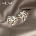 Gold Tone Pearl Clear Stone Starburst Cluster Stud Earrings view 3