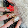 Gold Open Ring Set Red Enamel Flower Pearl Six Piece view 3