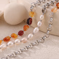 Steel Tone Chain Necklace Natural Stone Freshwater Pearl Half view 2
