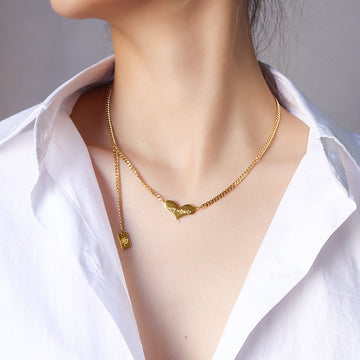 Heart Pendant Curb Necklace Korean Script Tag Tassel