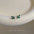 Matte Dark Green Mini Three-Leaf Sprout Stud Earrings view 1