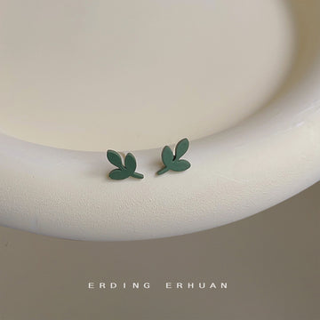 Matte Dark Green Mini Three-Leaf Sprout Stud Earrings