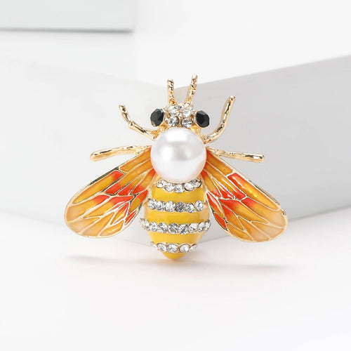 Yellow enamel bee brooch pearl body orange wings rhinestone bands angled