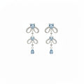 Silver Bow and Blue Crystal Drop Earrings for Everyday Styling view 5