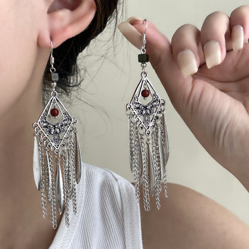 Red Bead Silver Diamond Leaf and Chain Tassel Earrings